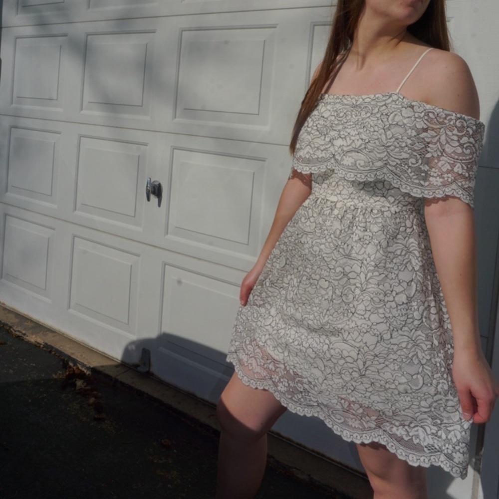 Cream lace off-shoulder mini dress